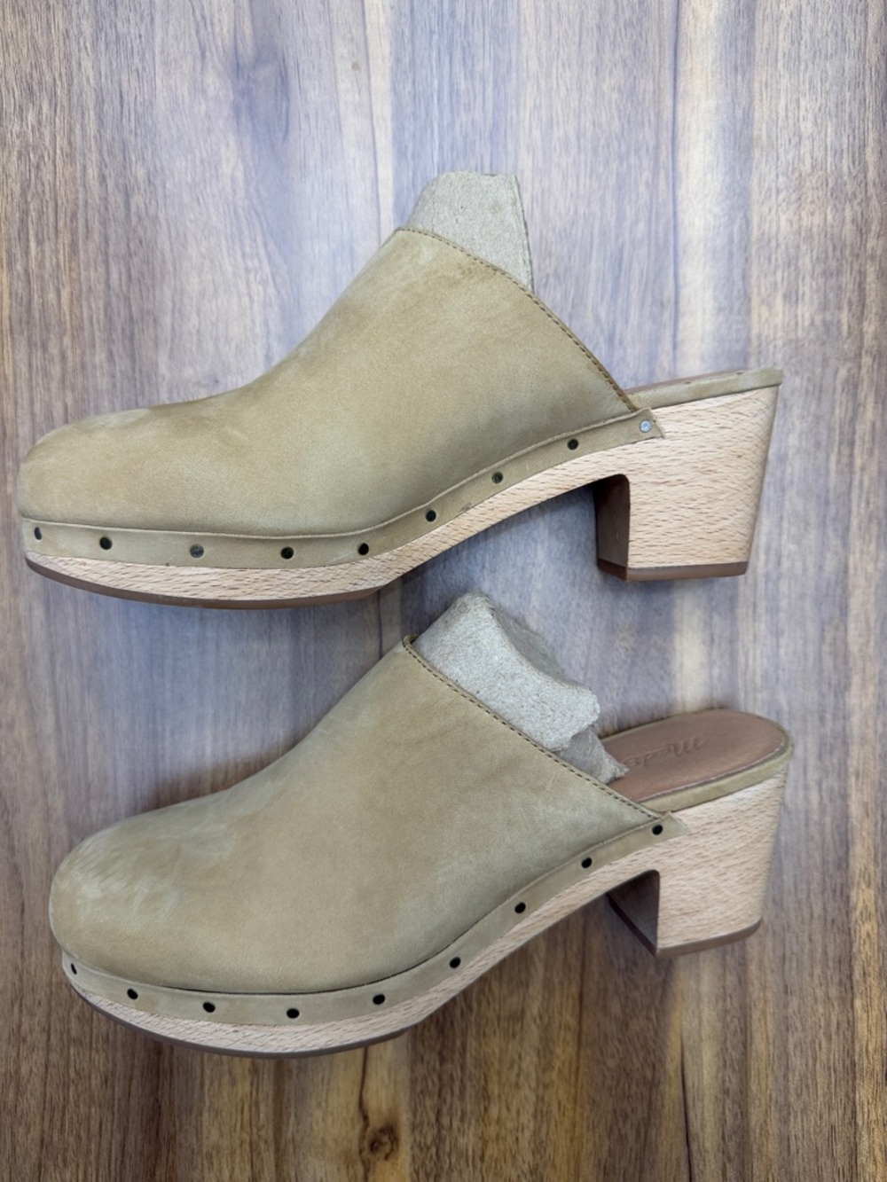Madewell Nubuck Leather Clog Mules Tan Wooden Heel Size 8.5 - Picture 3 of 9